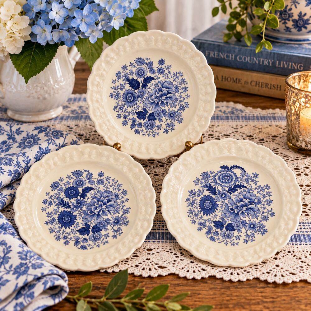 Vintage Taylor Smith Taylor Blue Floral 6" Plates Set of 3 Embossed Scalloped